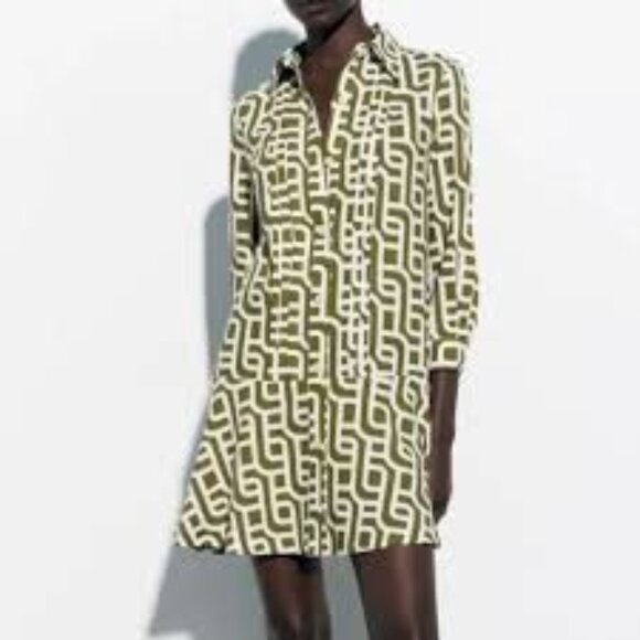 Zara Green Staircase Mini Linen Blend Dress MED NWT - Picture 1 of 8